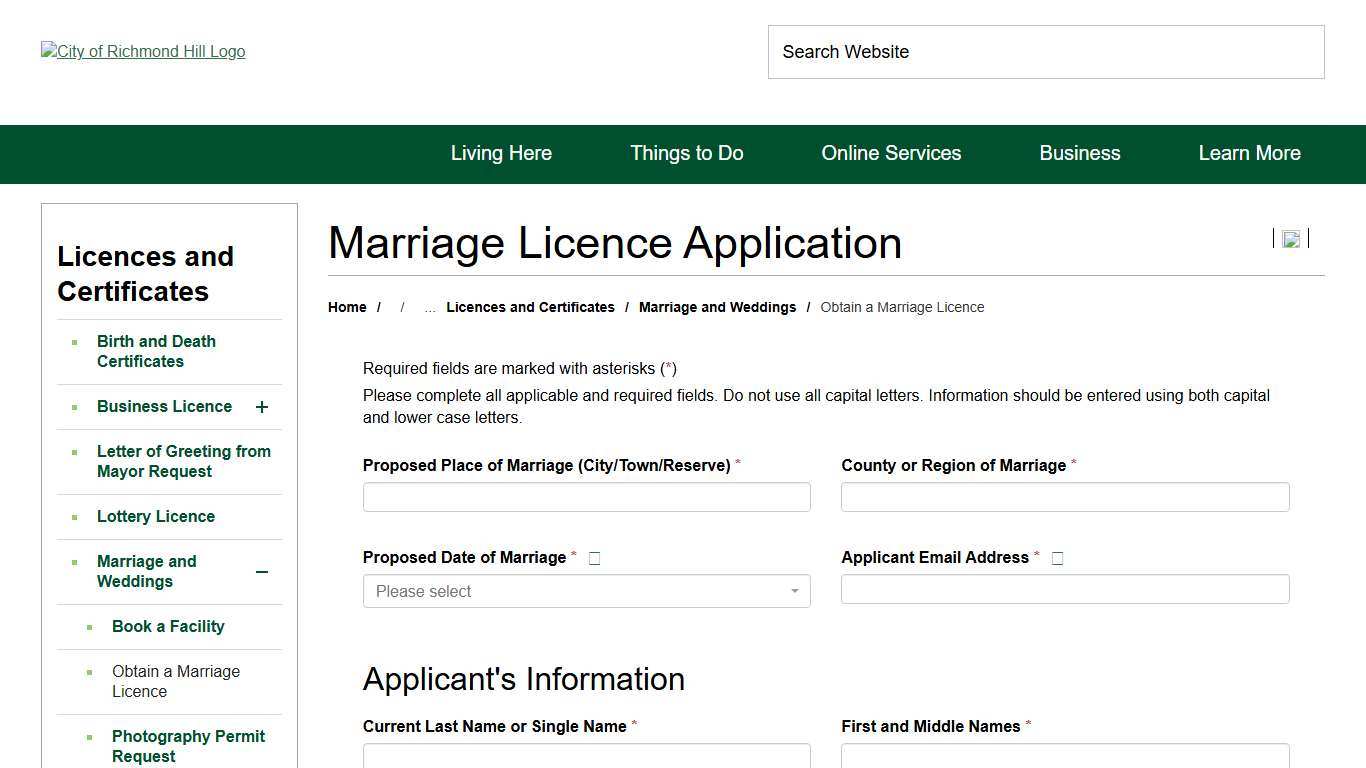 Marriage License Application - City of Richmond Hill